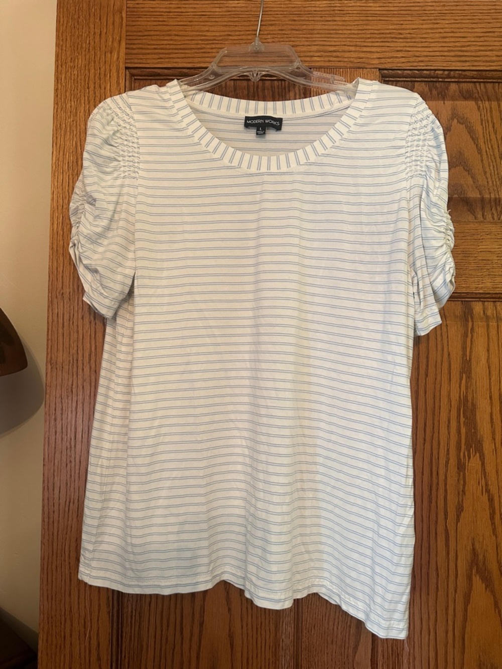 Modern Works White & Light Blue Striped Puff Sleeve Tee